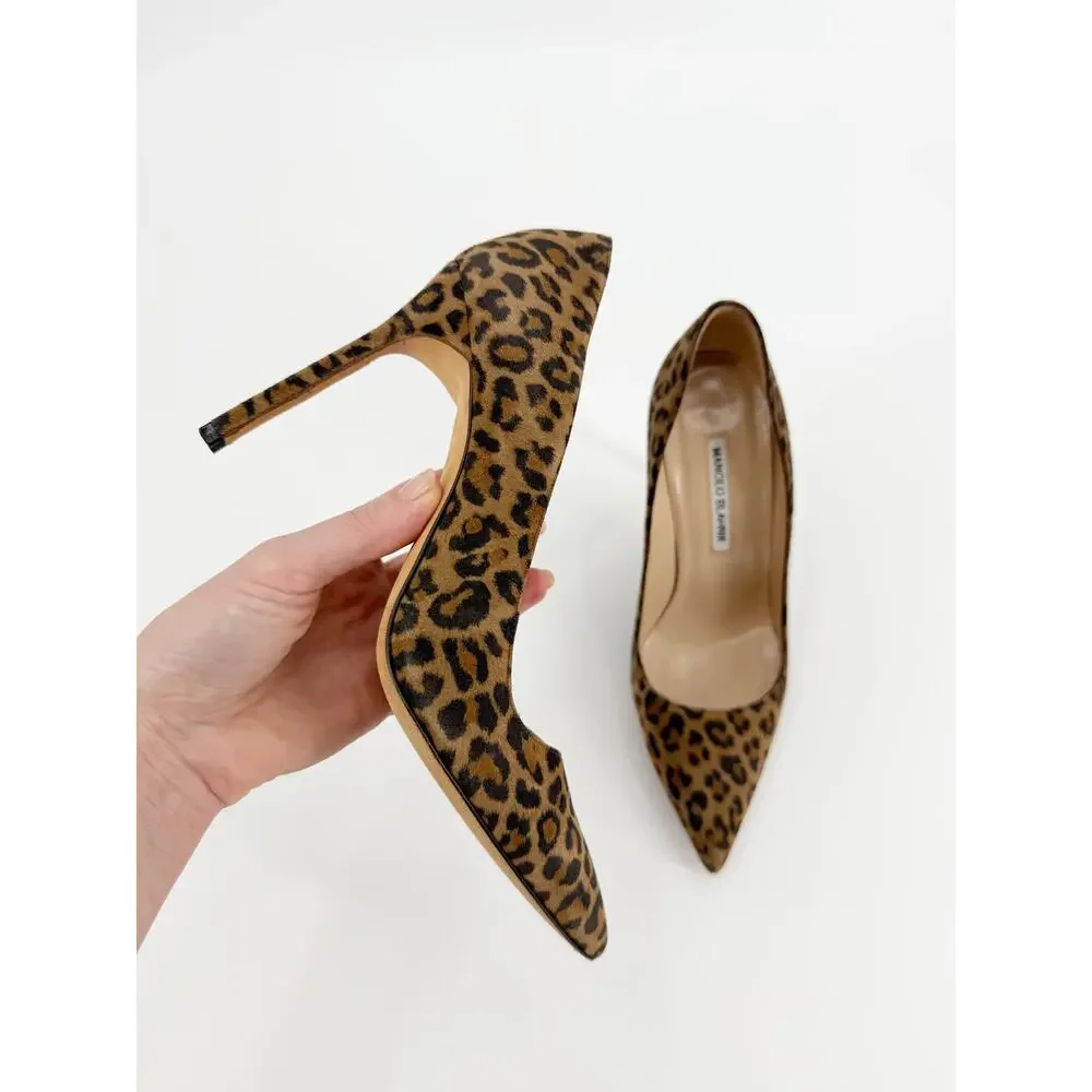 Manolo Blahnik BB Leopard Print Suede Pointed Toe Stiletto Pumps Size 38 EU 7.5